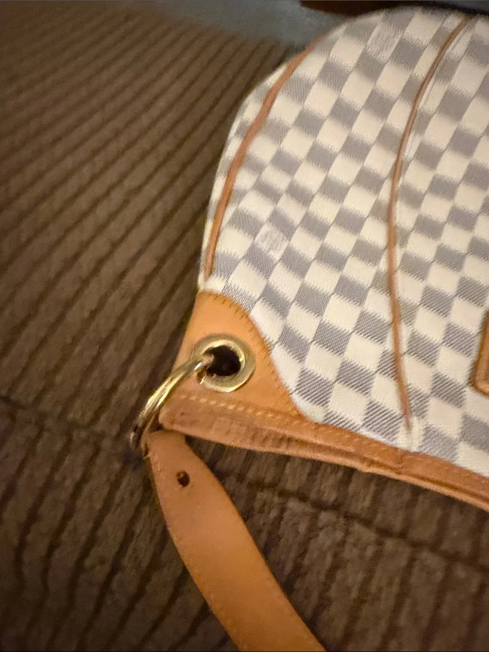 Louis Vuitton Damier Azur Galaria Canvas Shoulder Bag in White and Tan Leather